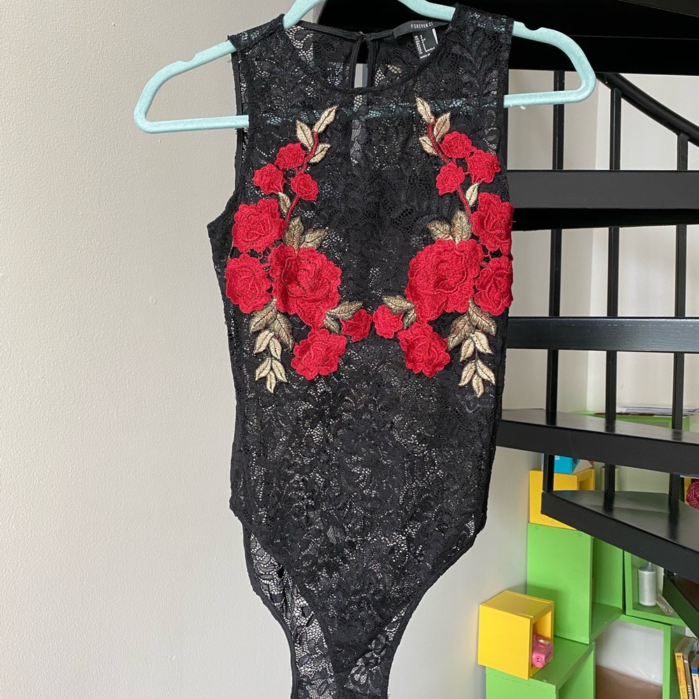 Burning Man Sleeveless Lace body suit embroidered red roses